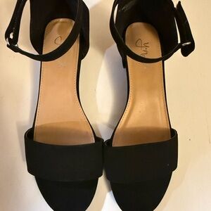Black Ankle-Strap Block Heels with Front Band